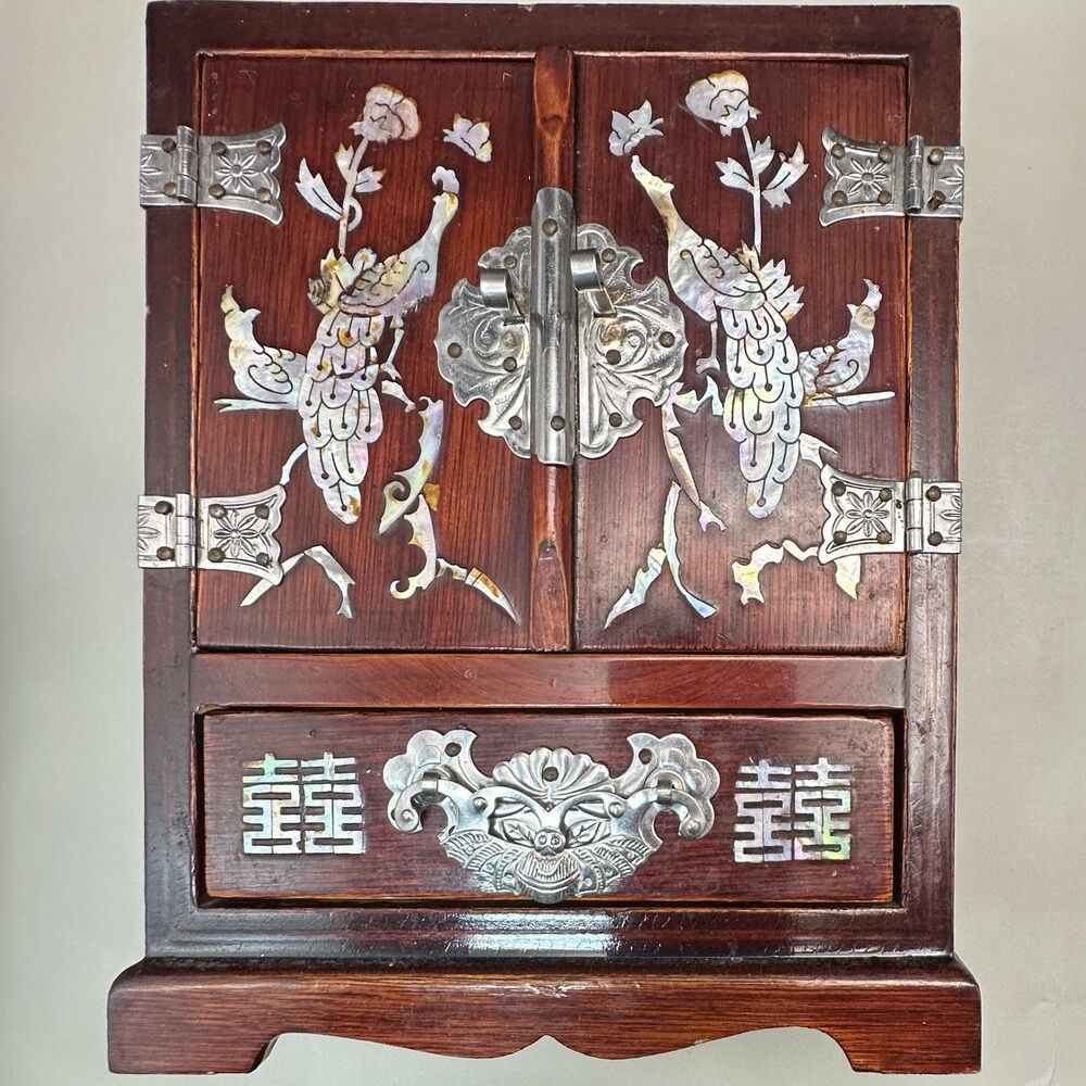 Vintage Asian Mother of Pearl Jewelry Cabinet Peacock Inlay Lacquer Chest